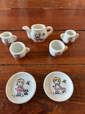 Vintage Japanese Miniature Porcelain Tea Set with Girl Illustration